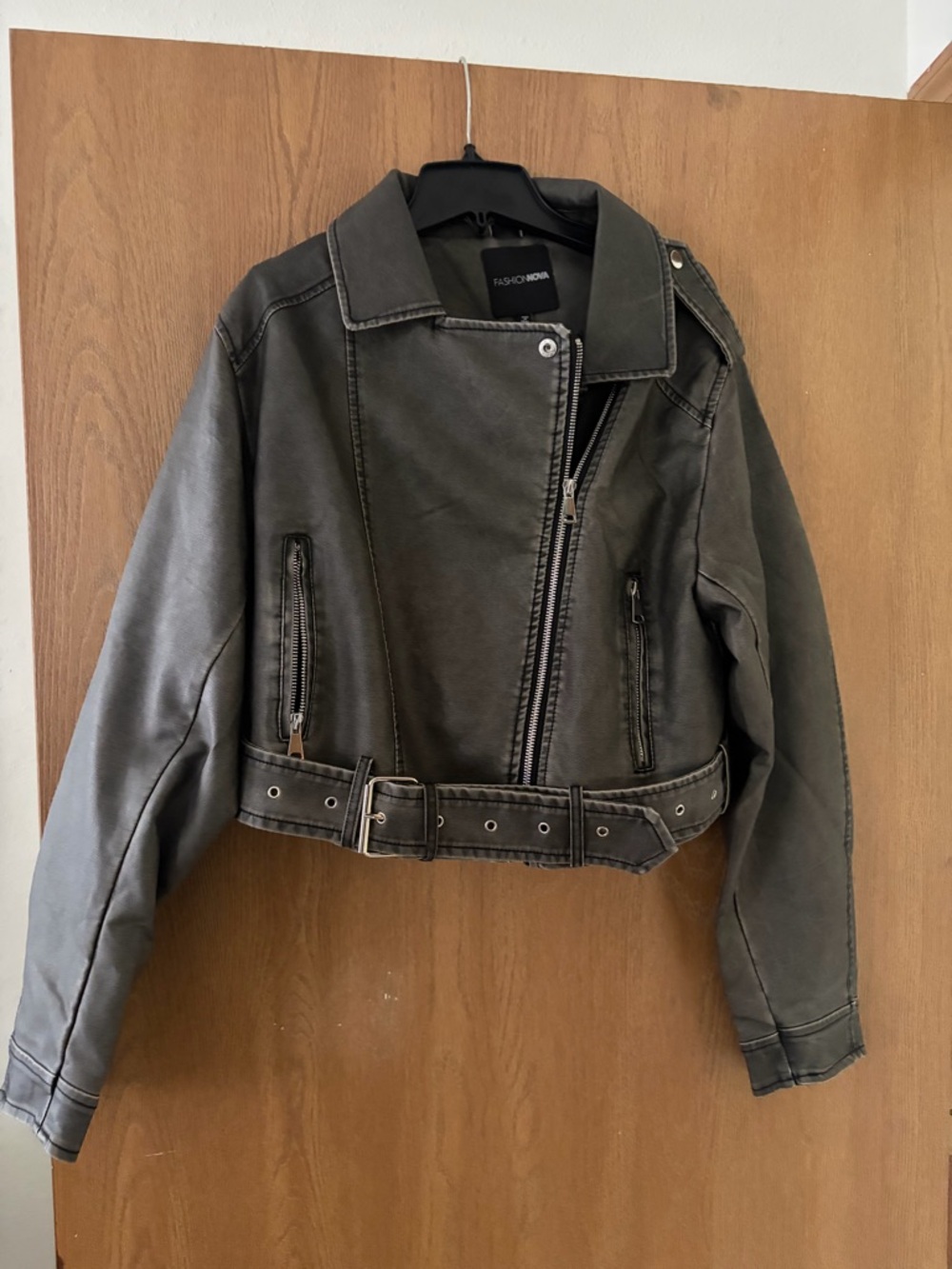 Fashion Nova Charcoal Faux Leather Cropped Biker Jacket